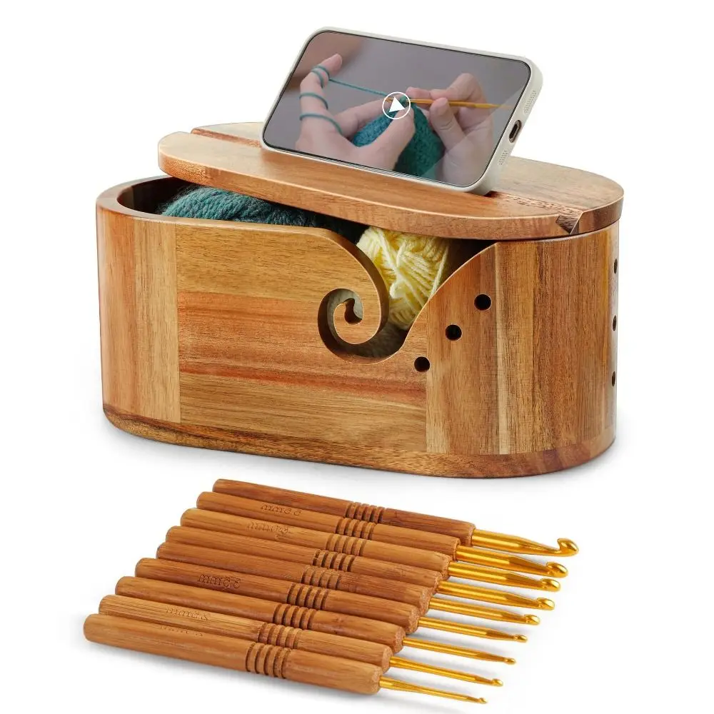 Wooden Oval Yarn Bowl Preventing Tangles with Lid Yarn Storage Bowl Portable Large Size Crochet Yarn Bowl for Crocheters