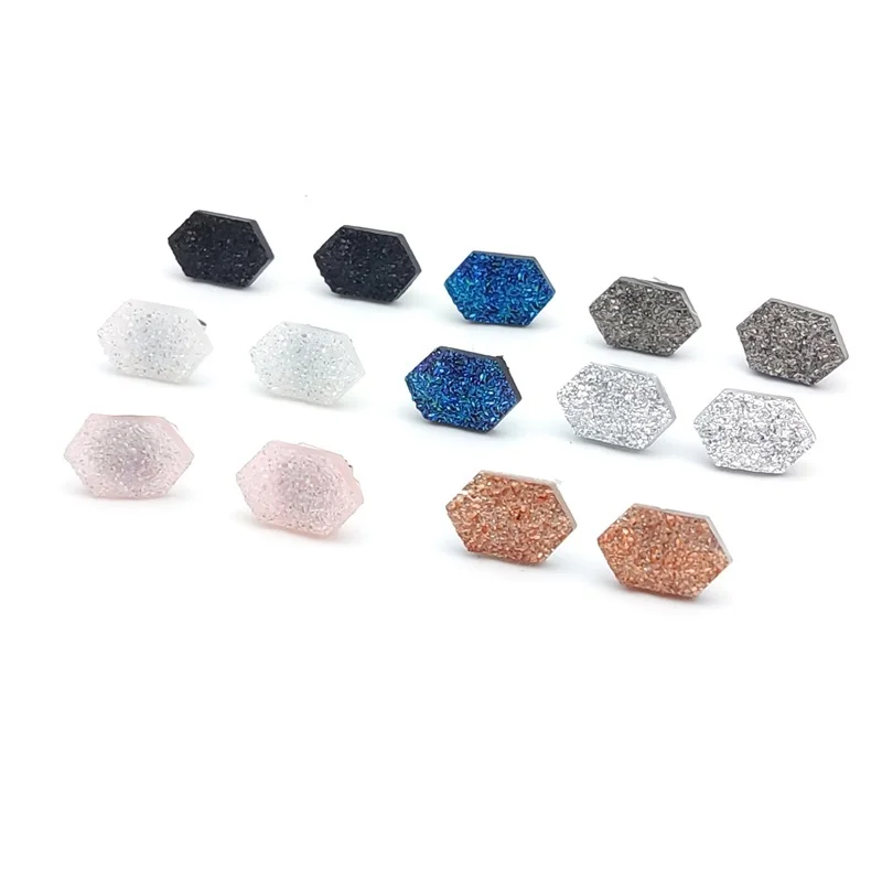 weekly Stainless Steel Stud Mini Resin Druzy Hexagon Oval Style Studs Earrings Fashion Famous Brand Designer Body Dress Jewelry