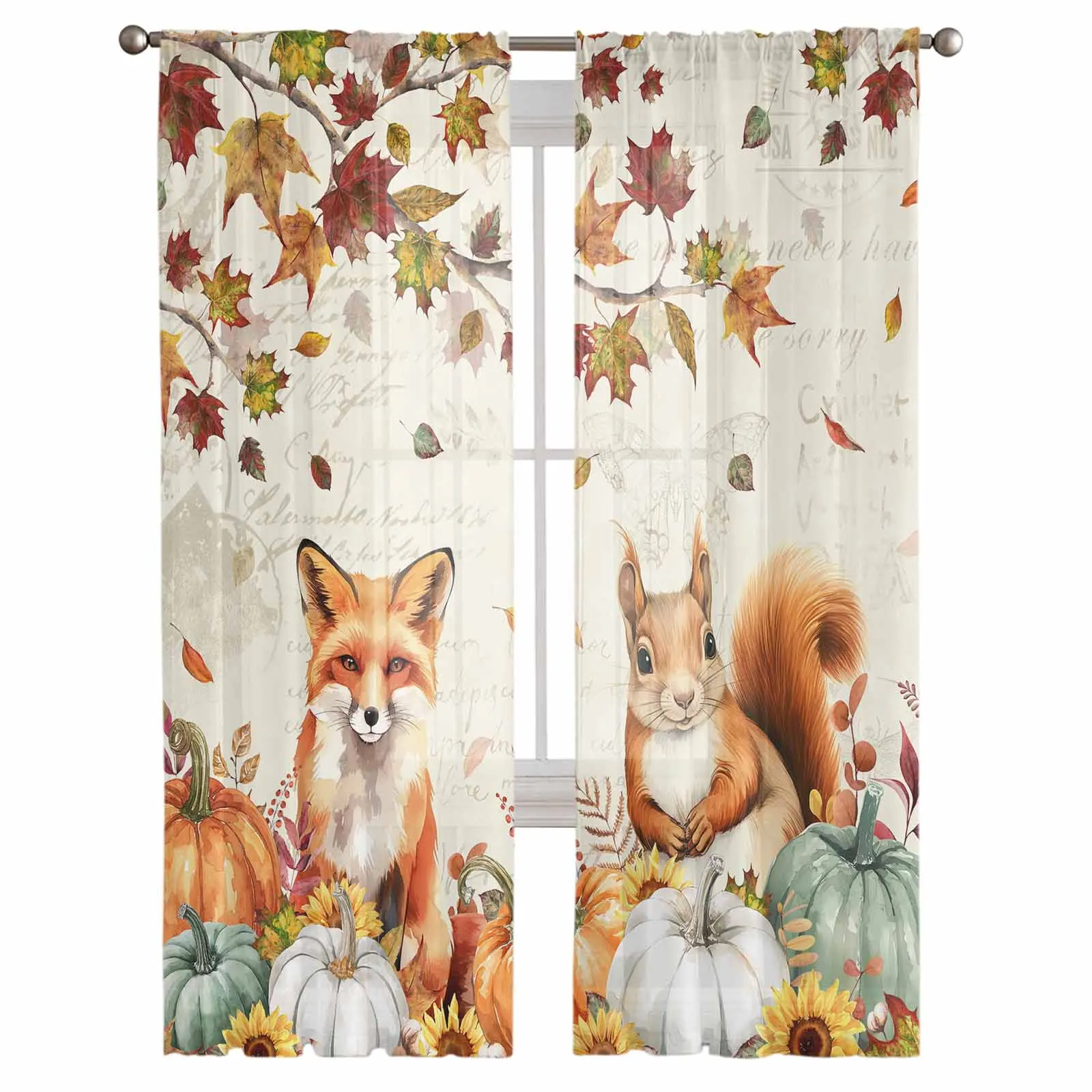 Pumpkin Fox Squirrel Vintage Letter Curtains Living Room Bedroom Kitchen Decoration Window Voiles Organza Tulle Curtain