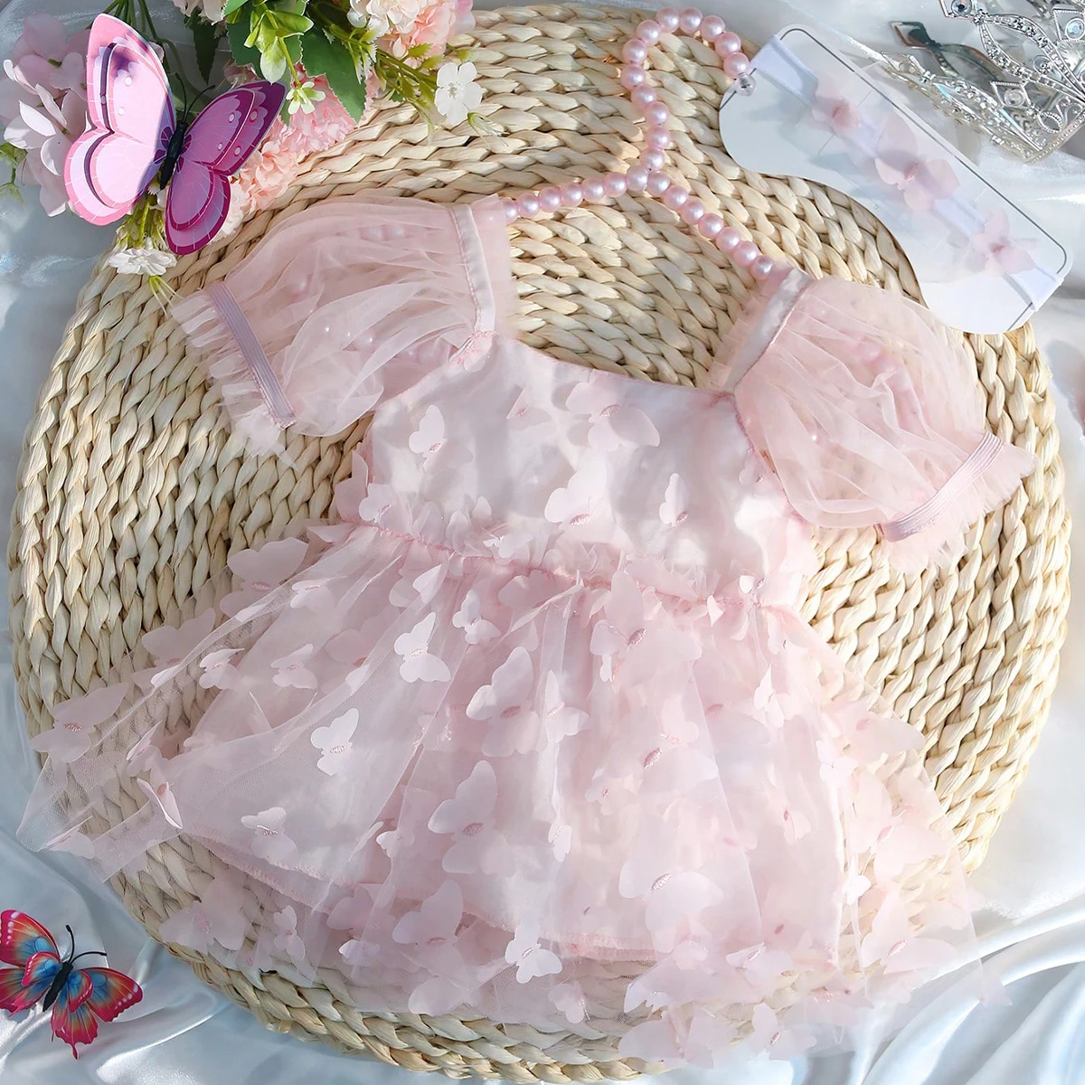 Ylsteed vestido de mariposa con diadema para niña recién nacida, trajes de sesión de fotos para bebé, vestidos de malla rosa para recién nacido,