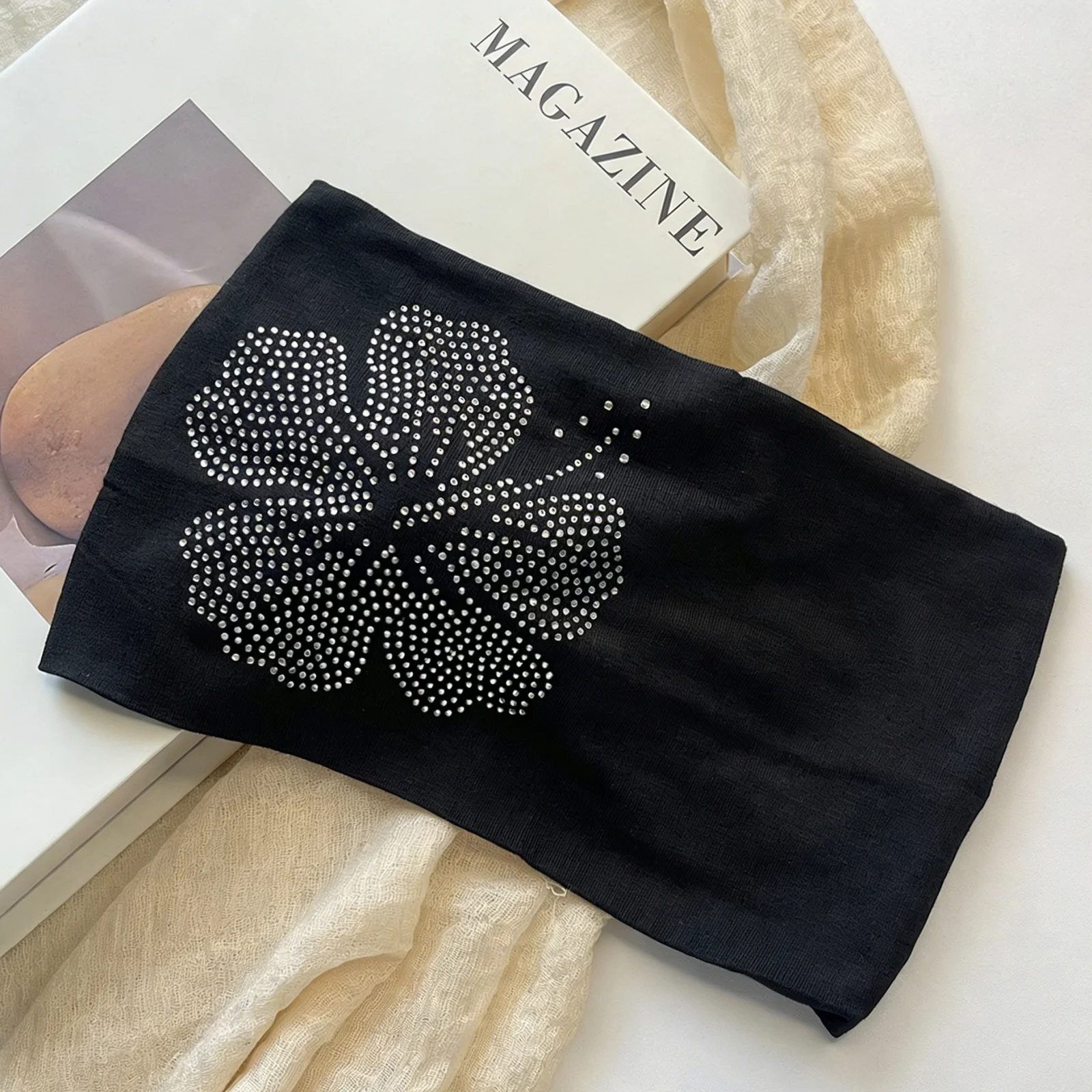 Frühling Sommer Hibiskus-Strass Breite Stirnbänder für Frauen Y2K Street Style Elastische Haarbänder Modisches Haar-Accessoire für den Alltag – Detail 9