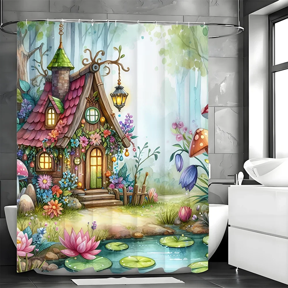 Forest Cabin Flower Plant Tree Lake Shower Curtain, Bathroom Decorative Shower Curtain, Waterproof Shower Curtain with Hooks