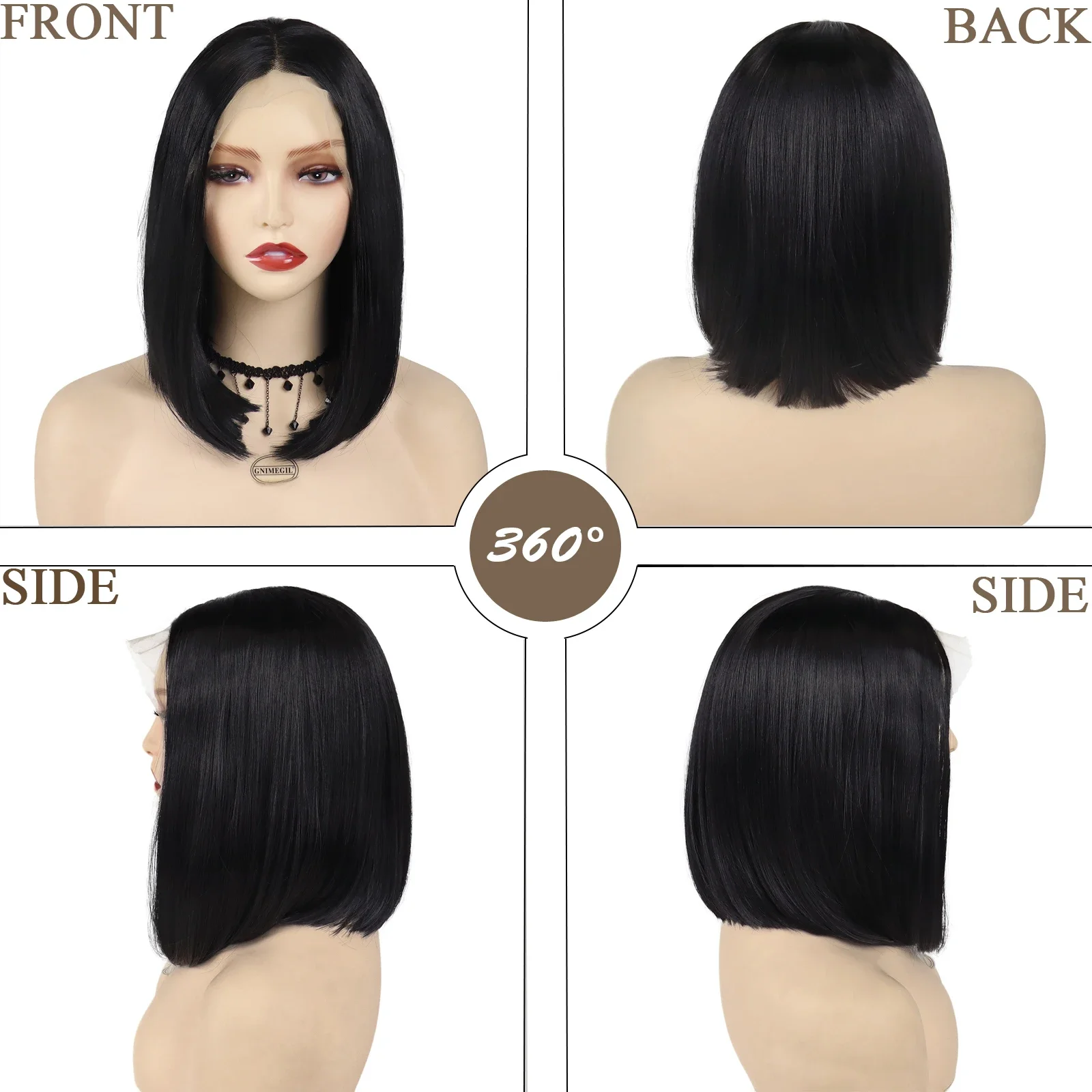 Synthetische Natur-Lace-Front-Perücken für Frauen, kurzes Haar, 35,6 cm, natürlicher Bob-Schnitt, schwarze Damen-Perücke, Frontal-Spitze, gerade Frisur