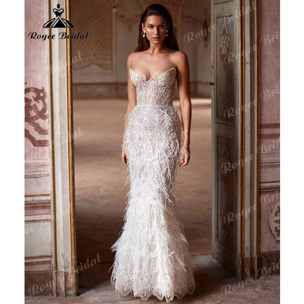 Strapless Sweetheart Beaded Lace Mermaid Wedding Dress Ostrich Feather Skirt Lace Up Back Without Sleeve Bridal Gown Customized