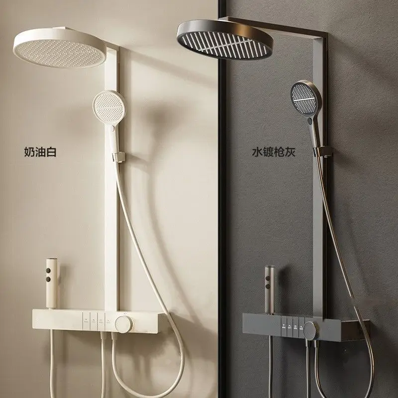 Milk White Wall‑Mounted Thermostatic Shower Set, Ambient Light Pressurized Seamless Complete Kit for Household Bathroom