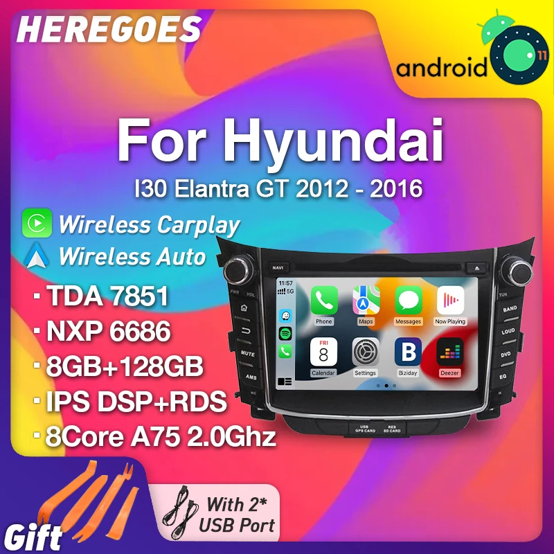 

Автомобильный DVD-плеер Carplay PX6 A75 2din Android 11,0 для Hyundai I30 Elantra GT 2012 2013 2014 2015 2016 GPS Радио Стерео 128 ГБ DSP