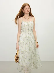 FSLE Women Summer Floral Strappy Dress 2025 Summer Holiday Style Female Spaghetti Strap Long X-LINE Dresses 25FS12111