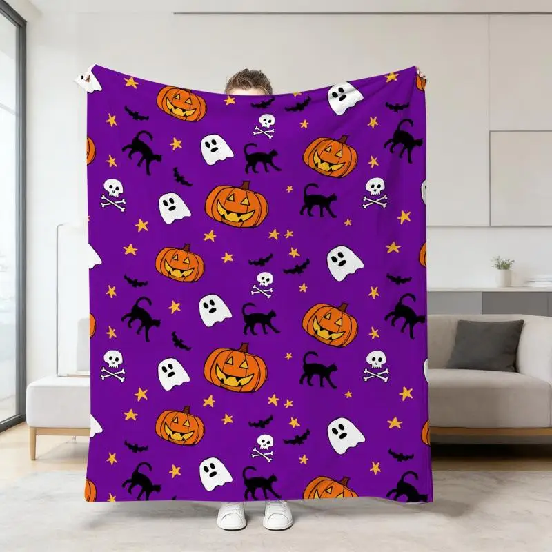 Halloween Warme Weiche Decke mit Geister-, Kürbis- und Totenkopf-Druck, Flanell-Schlafdecken, Multifunktionale Dekorative Decken – Detail 25