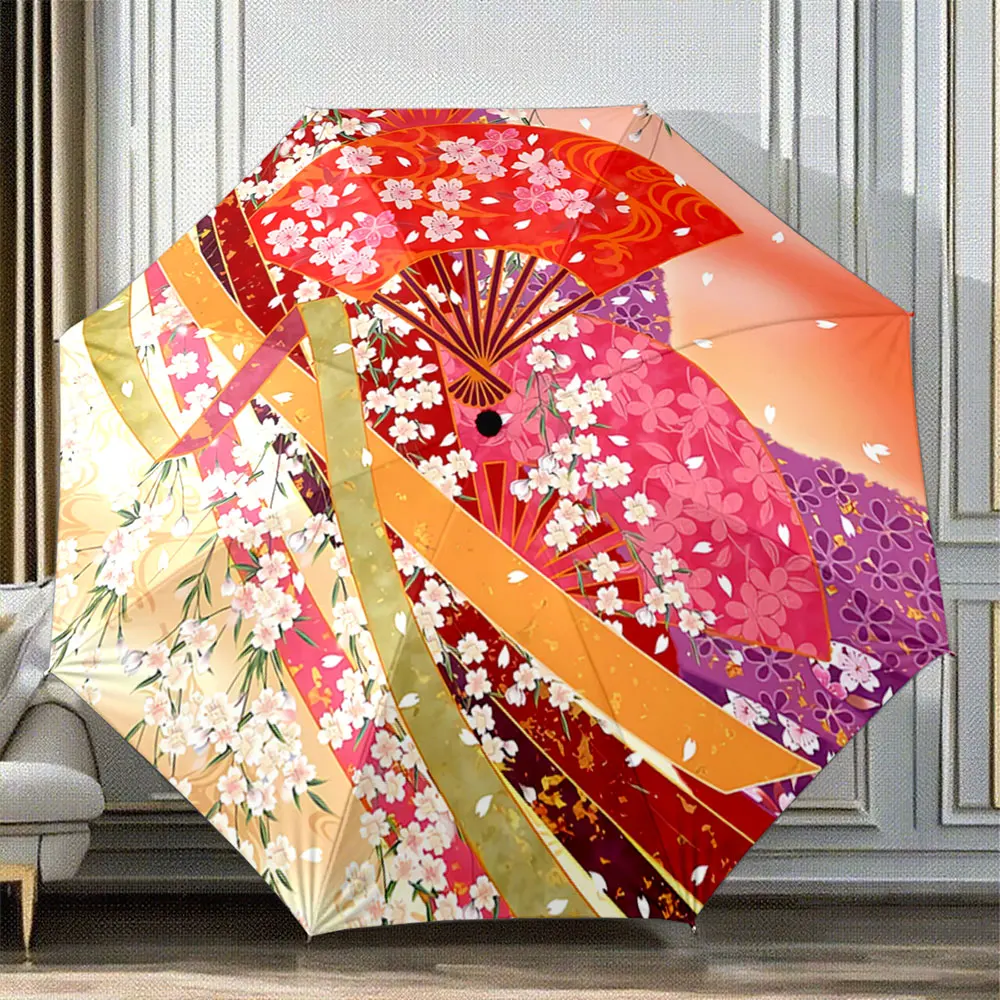 Cherry Blossom Art Umbrella with Japanese Fan Design Portable Folding Umbrella, Gift for Family And Friends