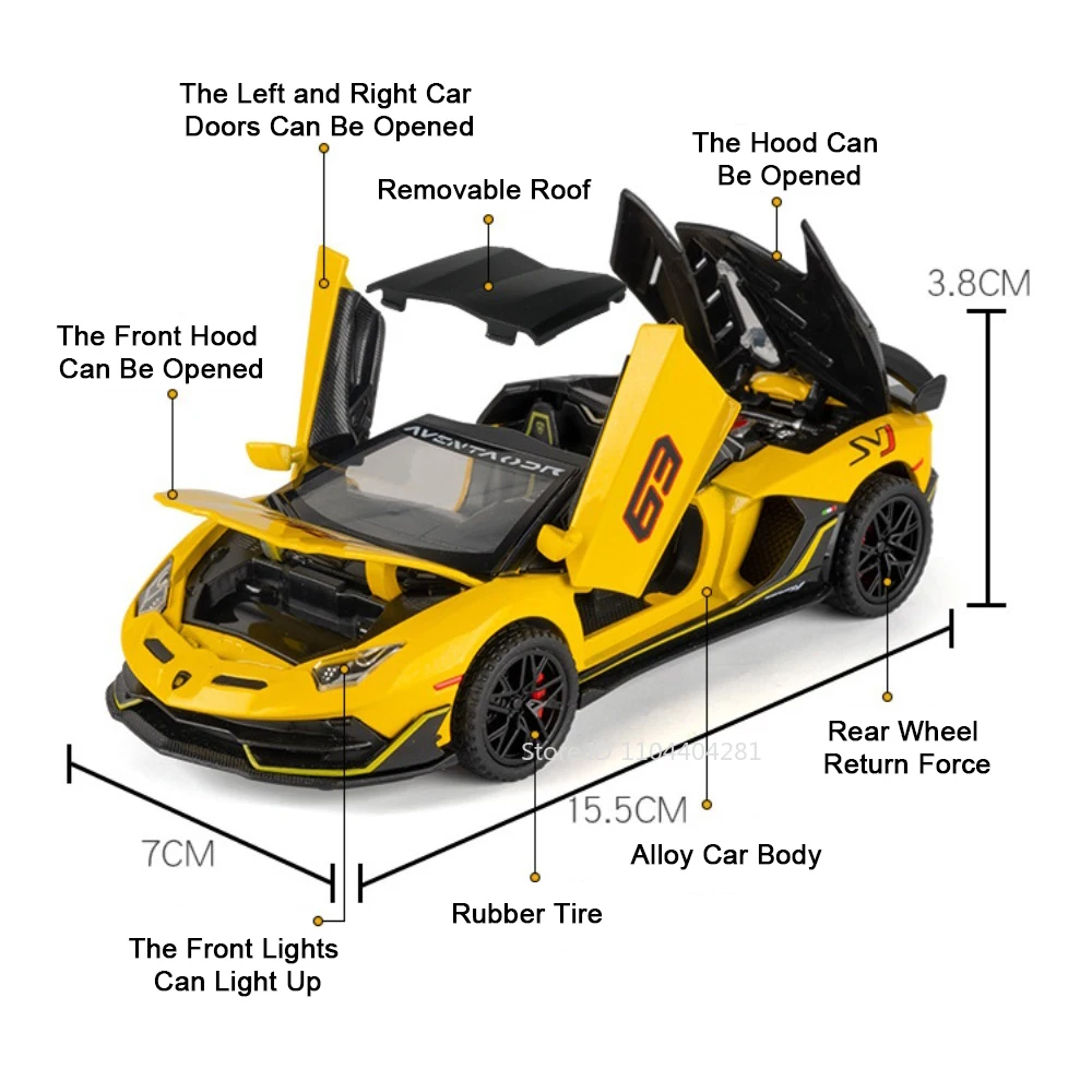 1:32 Schaal Lambor SVJ63 V12 GT Diecast Legering Auto Speelgoed Simulatie Model Lichte Muziek Deuren Geopend Miniatuur Voertuig Woondecoratie