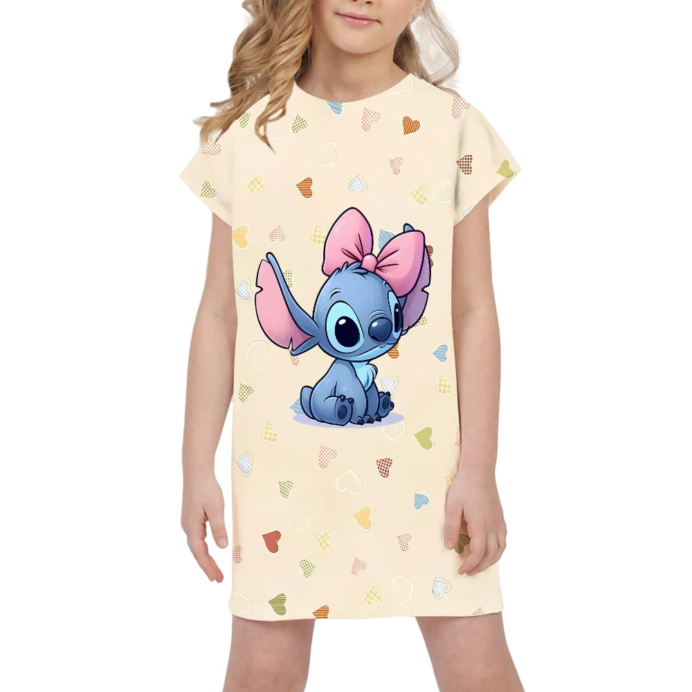 Girls Disney Stitch Dress Summer Children\'s Casual Breathable Princess Dresses Girls Festival Gifts Clothing Basic Heart Skirt