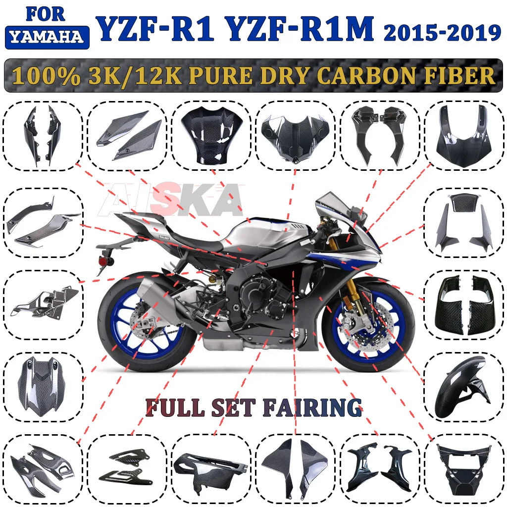 

For YAMAHA R1 R1M 2015 2016 2017 2018 2019 100% Carbon Fiber Motorcycle Fender Tank Bellypan Exhaust Side Panels Fairing Kit