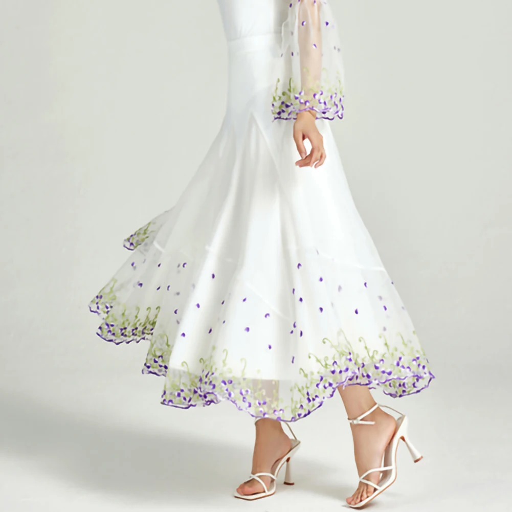 تنورة الفالس الحديثة الأبيض الأرجواني جودة عالية مسابقة الرقص الحديث مناسبة رسمية تنورة عرض مطرزة