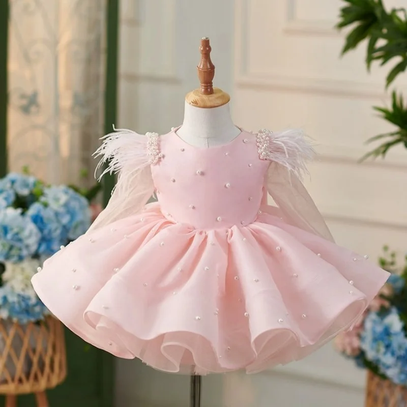 

Pink Ball Gown Flower Girl Dresses Luxury Feathers Pearls Children Birthday Gowns Bows Short Little Girls Photography Dresses