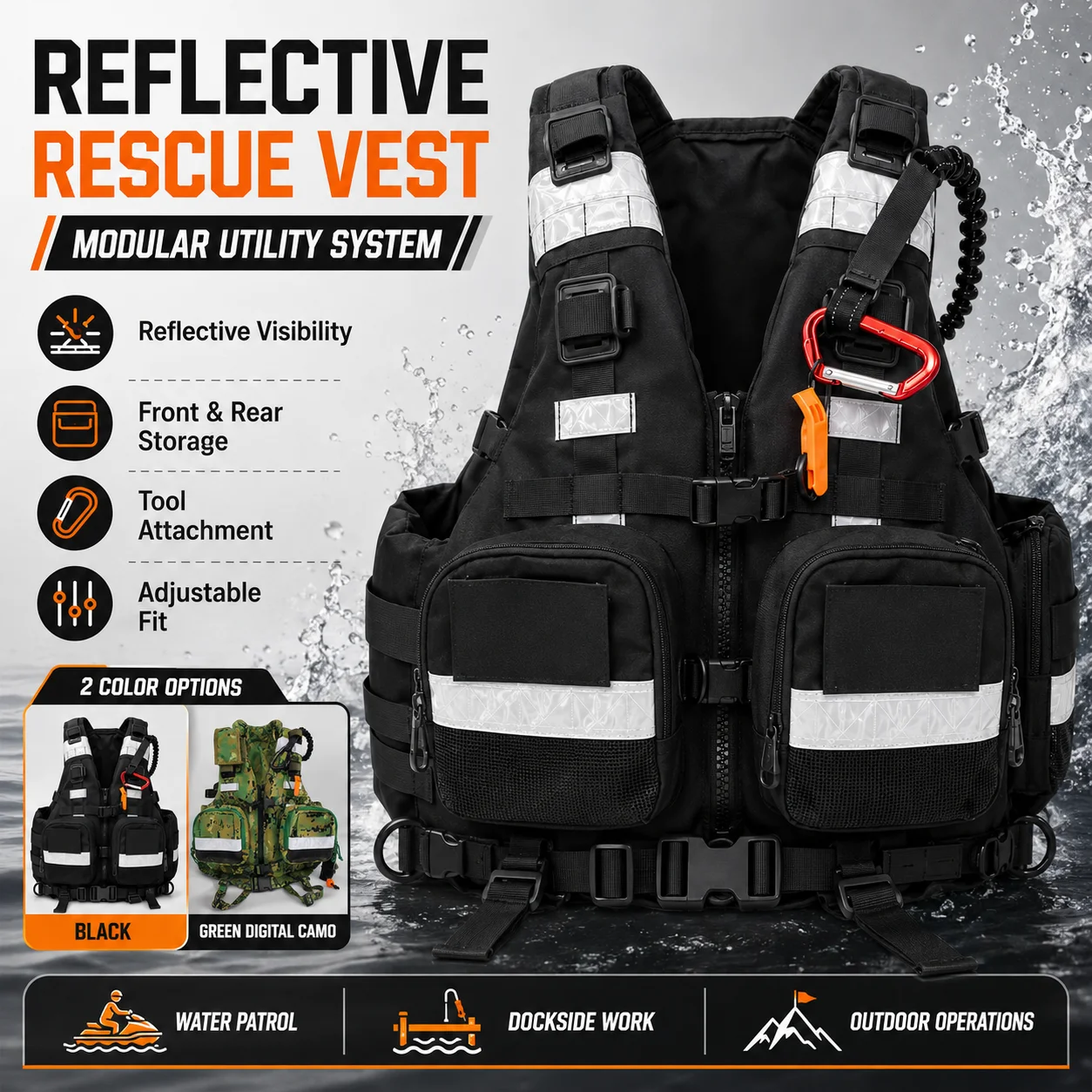 MT Outdoor Reflective Work Vest Modular Storage Vest with Tool Attachment Points Rear Compartment Front Pouches for Water Patrol