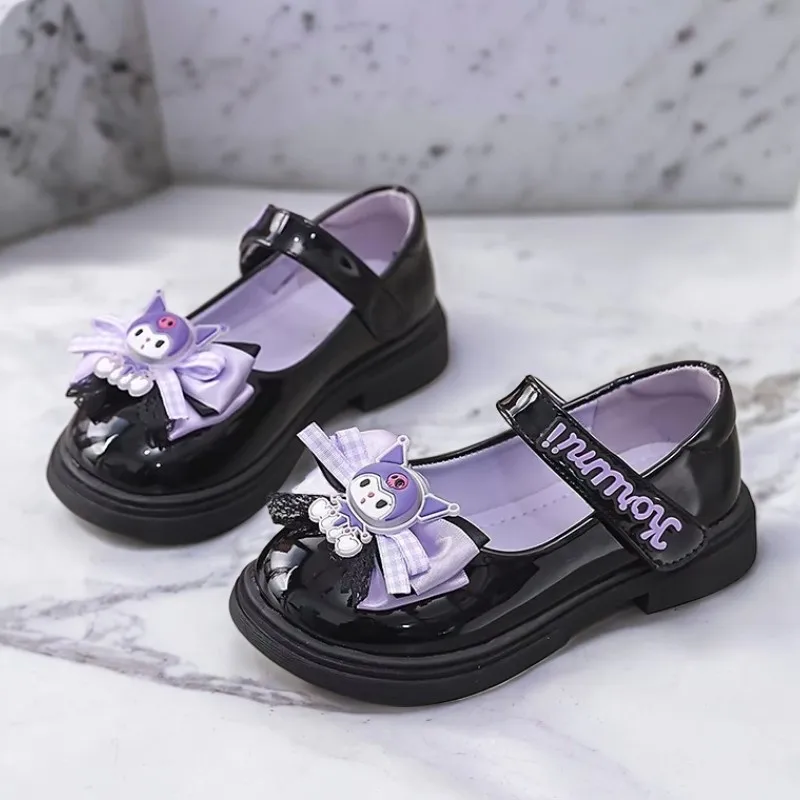 

Kids'Sandals Kuromi PU Leather Bow Flat Spring Shoes For Girls Anti-slip Soft Thick Bottom White Black Shoes Size 26-36