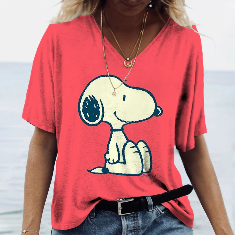 Fashionable Women\'s T-Shirts Cute Snoopy print Girl Summer Harajuku Loose Casual Clothing Kawaii V-Neck Short Sleeve T-Shirts