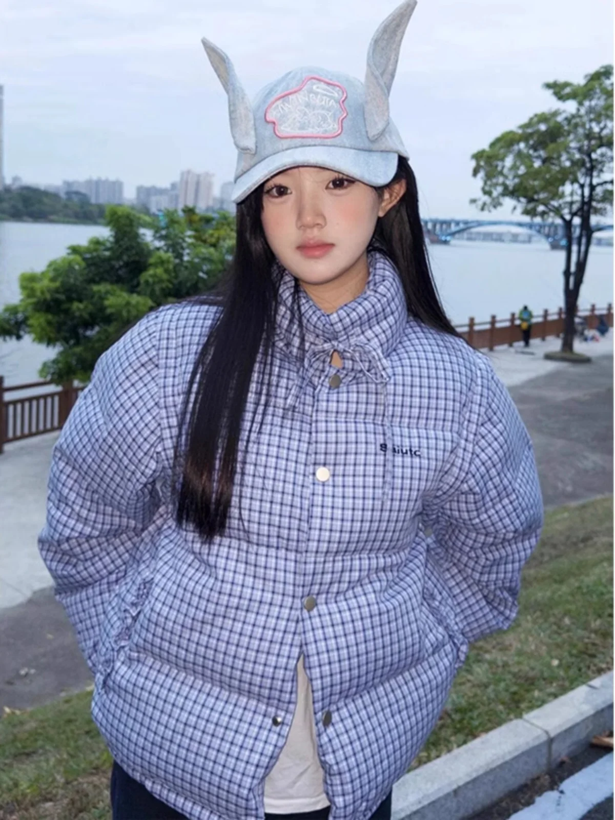 

Blue Plaid Thickened Winter Short Coat Women's Cotton down Jacket Stand Collar Warm Small Size Korean Style Commute Fashion