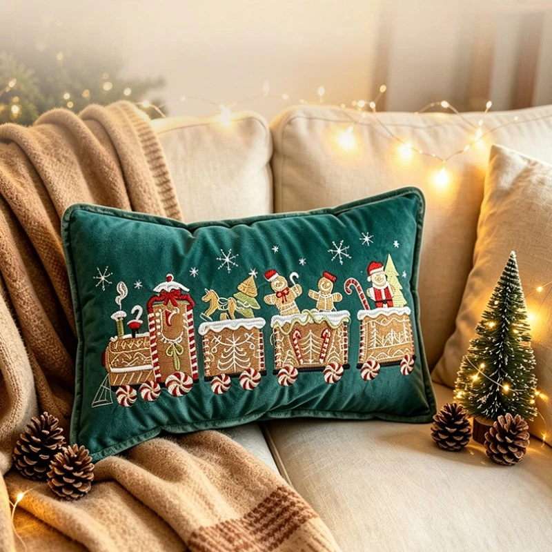 Christmas Gingerbread Train Embroidered Throw Pillow Cover Soft Velvet Cushion Case Festive Holiday Party Pillow Case Home Decor