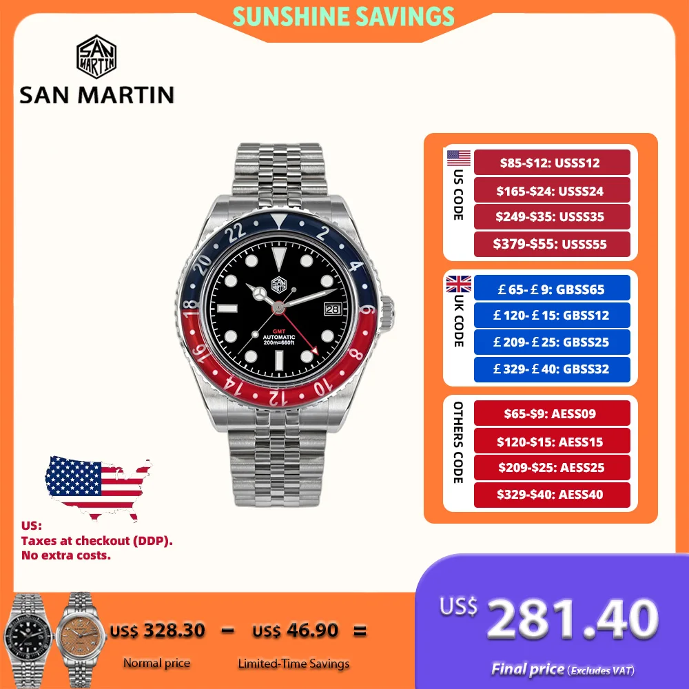 Reloj de buceo San Martin NH34 GMT de 40mm para hombre, bisel de zafiro, pulsera de 5 eslabones en la mosca, cierre ajustable, 20bar, Saat Erkek SN0005B