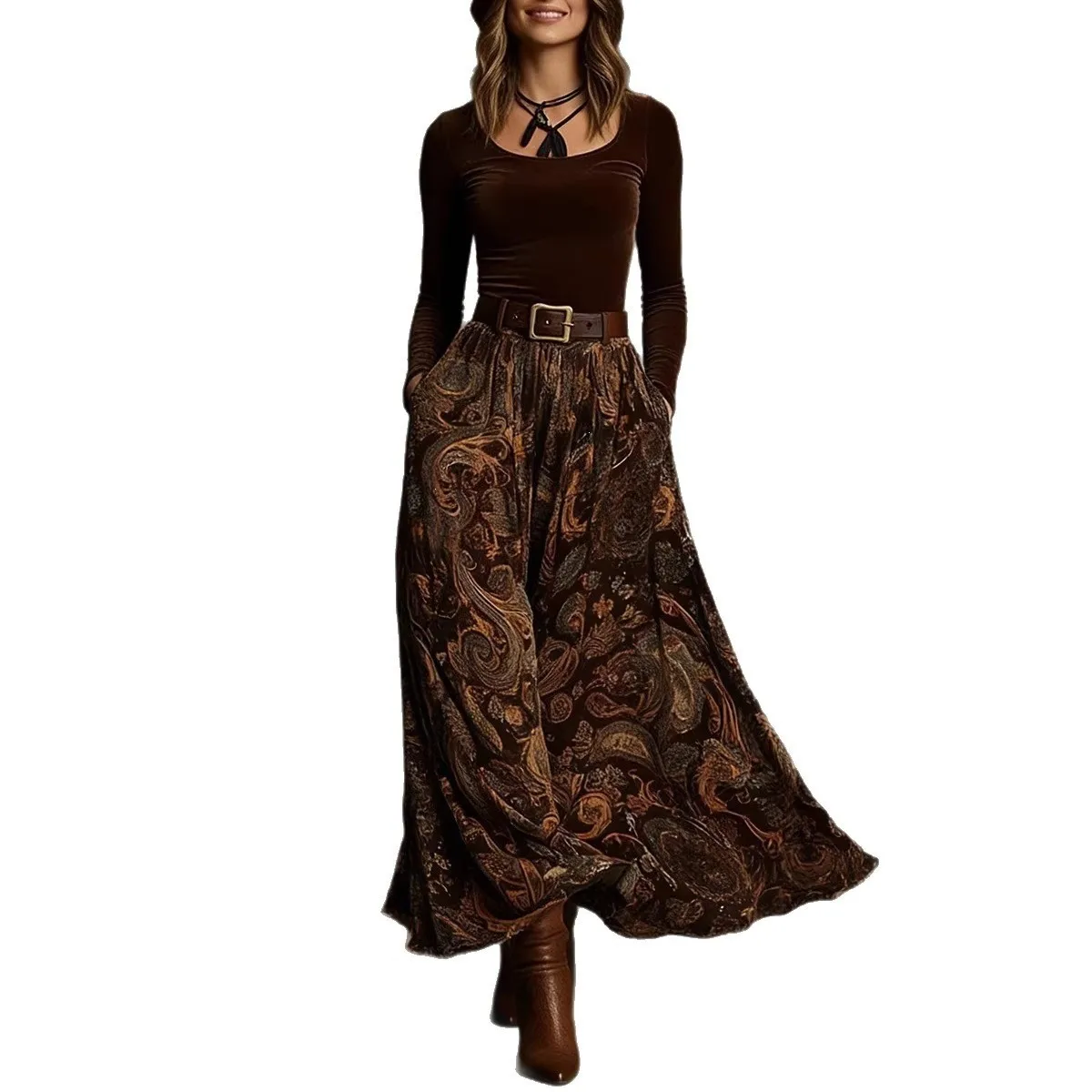 Pocket Two Set with Plant Floral Pattern Slim Fit Pleated Skirt Long Sleeve Top Low Neck Collarless Casual Elegant Women Sets