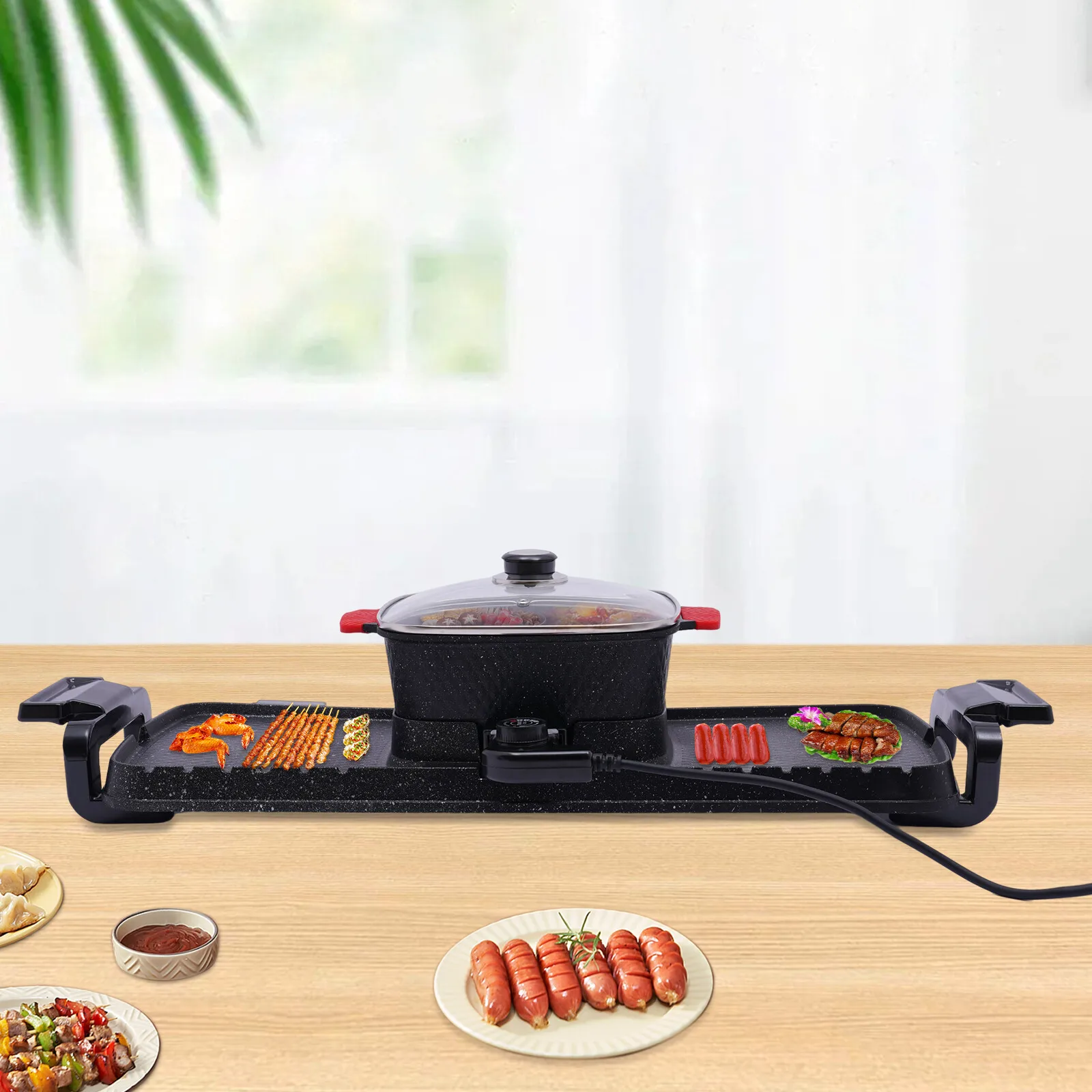 

2-in-1 2200W Electric Hot Pot BBQ Oven Smokeless Barbecue Pan Grill Hotpot Machine 31.5*9.65*7.09in