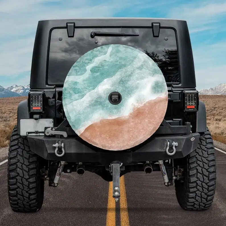 

Spare Tire Cover For Car, For Bronco, Beach And Waves, Backup Camera Hole Spare Tire Cover, Unique Car Accessories For Women, B