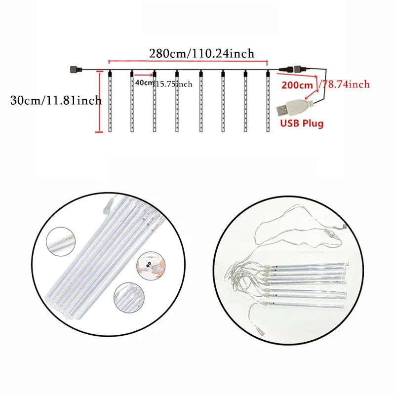 30cm Meteor Shower Rain Light Outdoor Tree Decor USB Powered Falling Raindrop Icicle Lights Magic Garden Party Festival Light