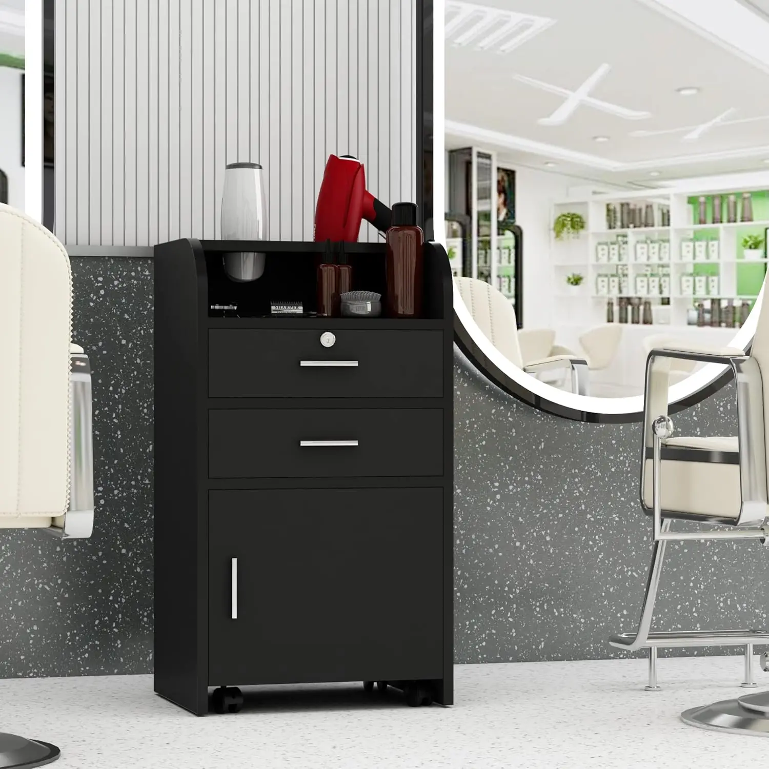 Beauty Salon/Barber Storage Cabinet Station with Locking Drawer and 4 Wheels, Hair Stylist Station with 2 Hair Dryer Holders, Bl