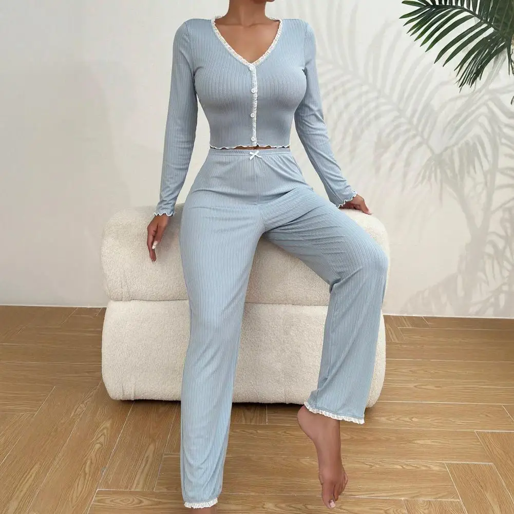 Women Pajama Set Polyester Pajamas Womens Lace Trim Ribbed Knit Pajama Set Long Sleeve Crop Top with Wide Leg Pants Autumn