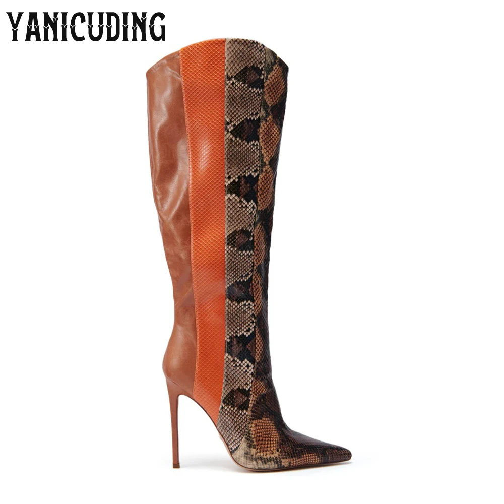 Multi Snakeskin Stiletto Boots Western Style Knee-High Boots Colorblock Sky High Stiletto Heel Pointed Toe Boots for Women Brown