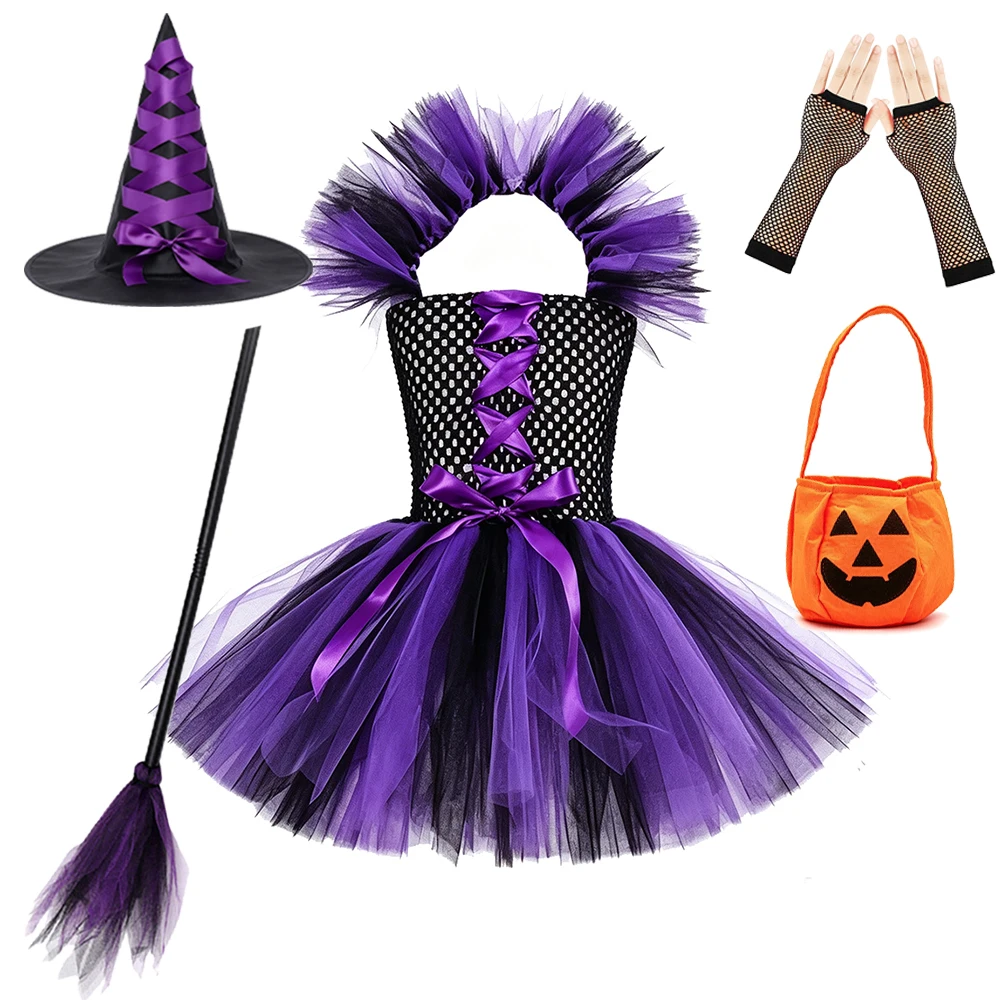 Halloween-Hexenkostüm für Mädchen, lila Tüllrock mit Hut, für Kinder von 2 bis 12 Jahren, Karneval, Cosplay, Party, Kinderkleidung. – Detail 6