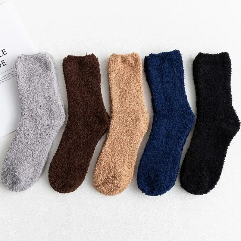 1/3Pairs Winter Men\'s Fleece Socks Thermal Coral Fleece Pure Color Warm Thicken Soft Mid-tube Floor Home Sleep Socks for Women