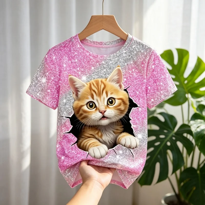 Girls Cartoon Print T-Shirt Summer Short Sleeve Round Neck Tops Kids Cotton Blend Tees Children Casual Clothes - Sizes 100-160CM