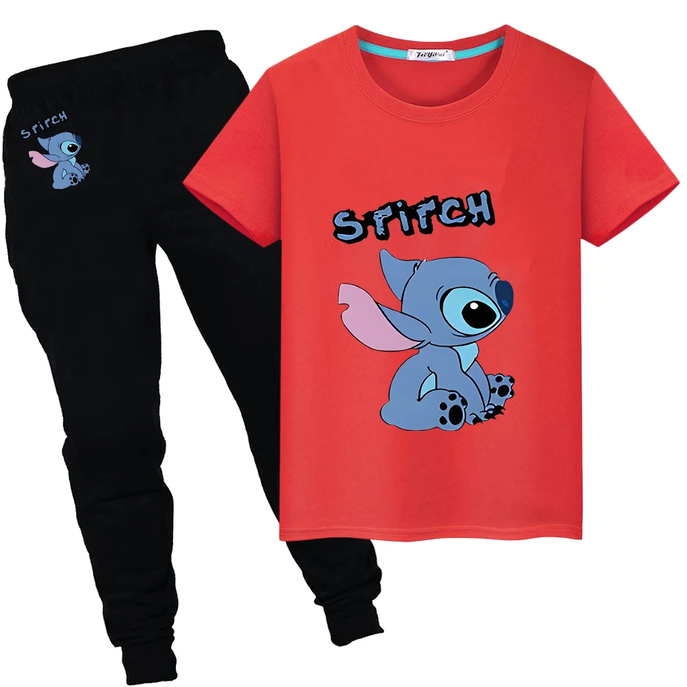 

Stitch Disney Print 100%Cotton T-shirt Short+pant boys girls Cute Tshirts disney Summer Kawaii Tees Sports suit kid holiday gift