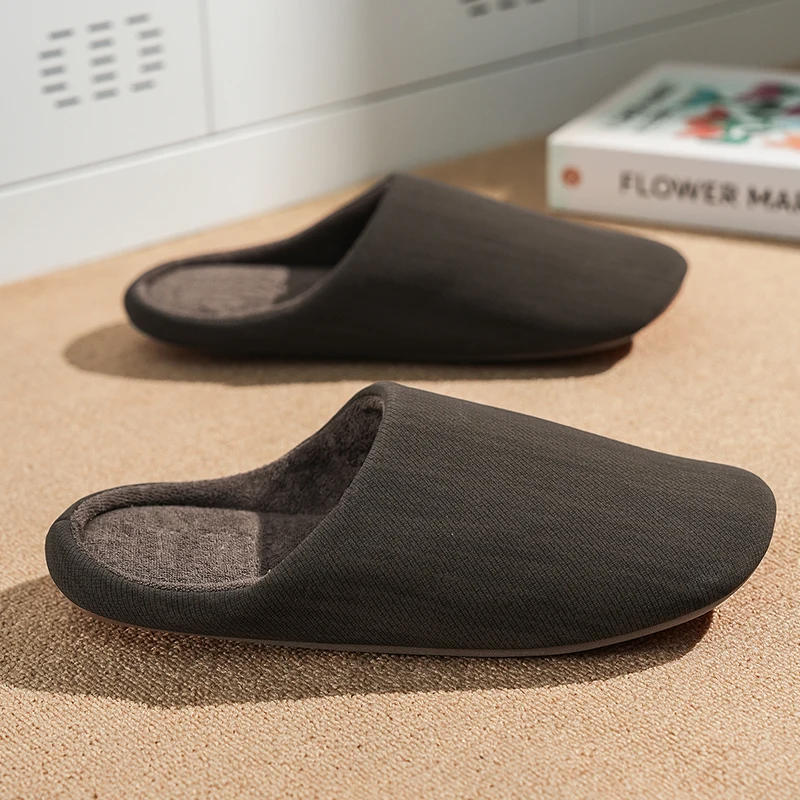 Minimalist Men House Slippers Fine Ribbed Texture Soft Fleece Lined Shoes Slip On Flat Mules Cozy Winter Footwear