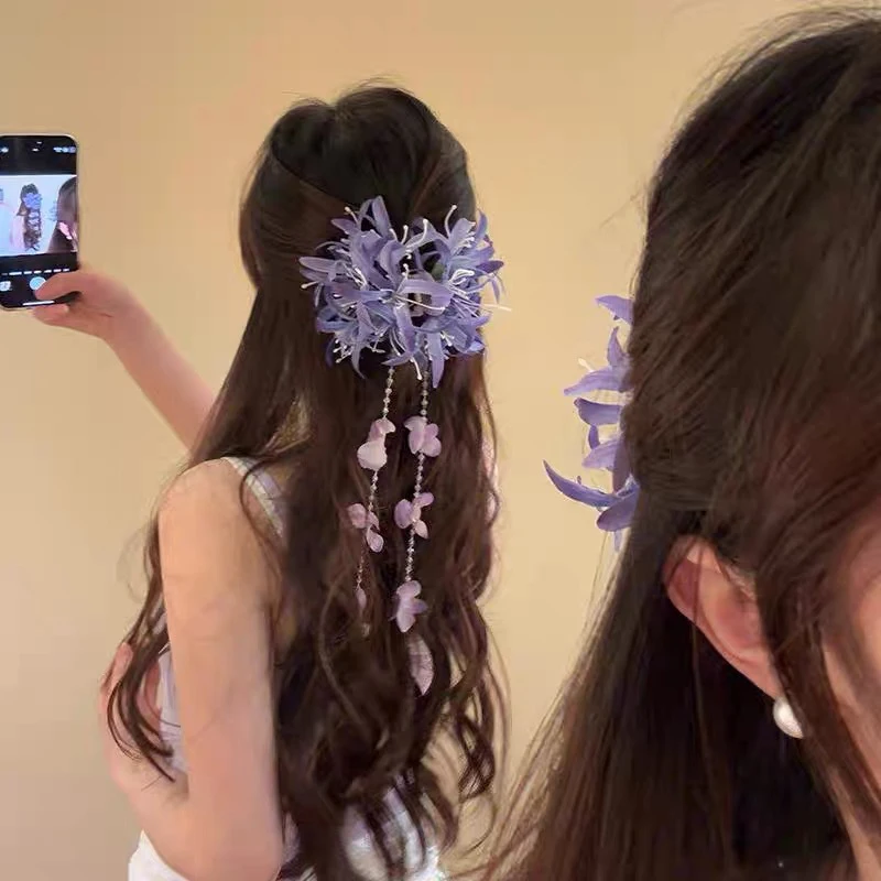 Jepit Rambut Bunga Lily Cakar Rambut Bunga Plastik untuk Wanita Anak Perempuan Klip Hiu Serbaguna Manis Aksesori Rambut Indah