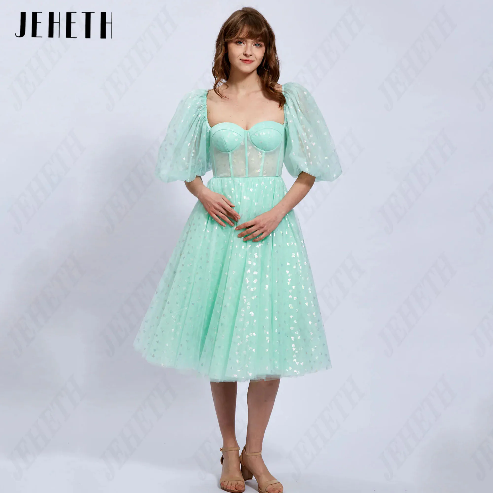 JEHETH Mini Heart Prom Dress 2024 Sweetheart Tulle Evening Gowns Woman Corset Back A-Line Ankle Length Formal Occasion Dresses