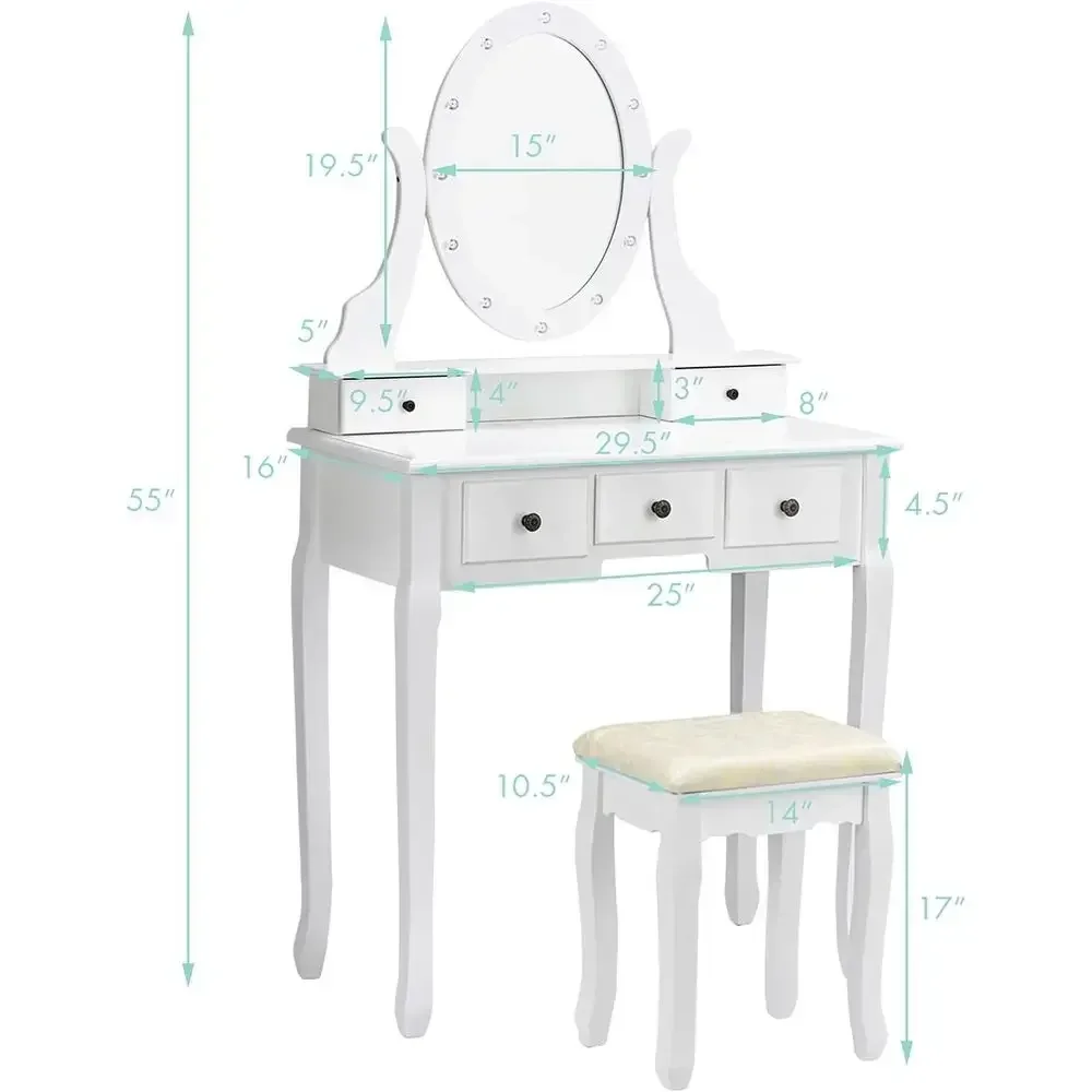 Makeup Vanity Table with 360° Rotating Mirror, Detachable Top, 12 LED Lights, Multi-functional White Desk Set