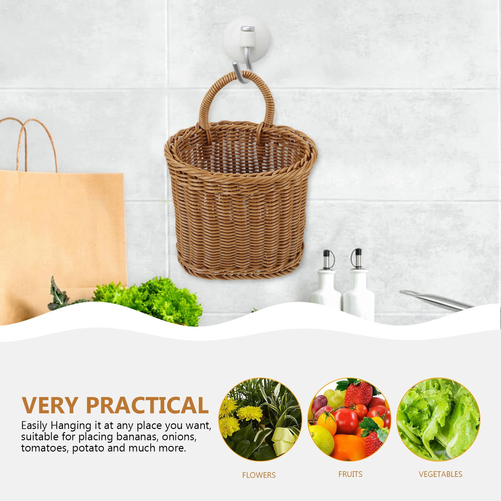 

Hanging Storage Basket Baskets Vegetable Brown Imitation Rattan Kitchen