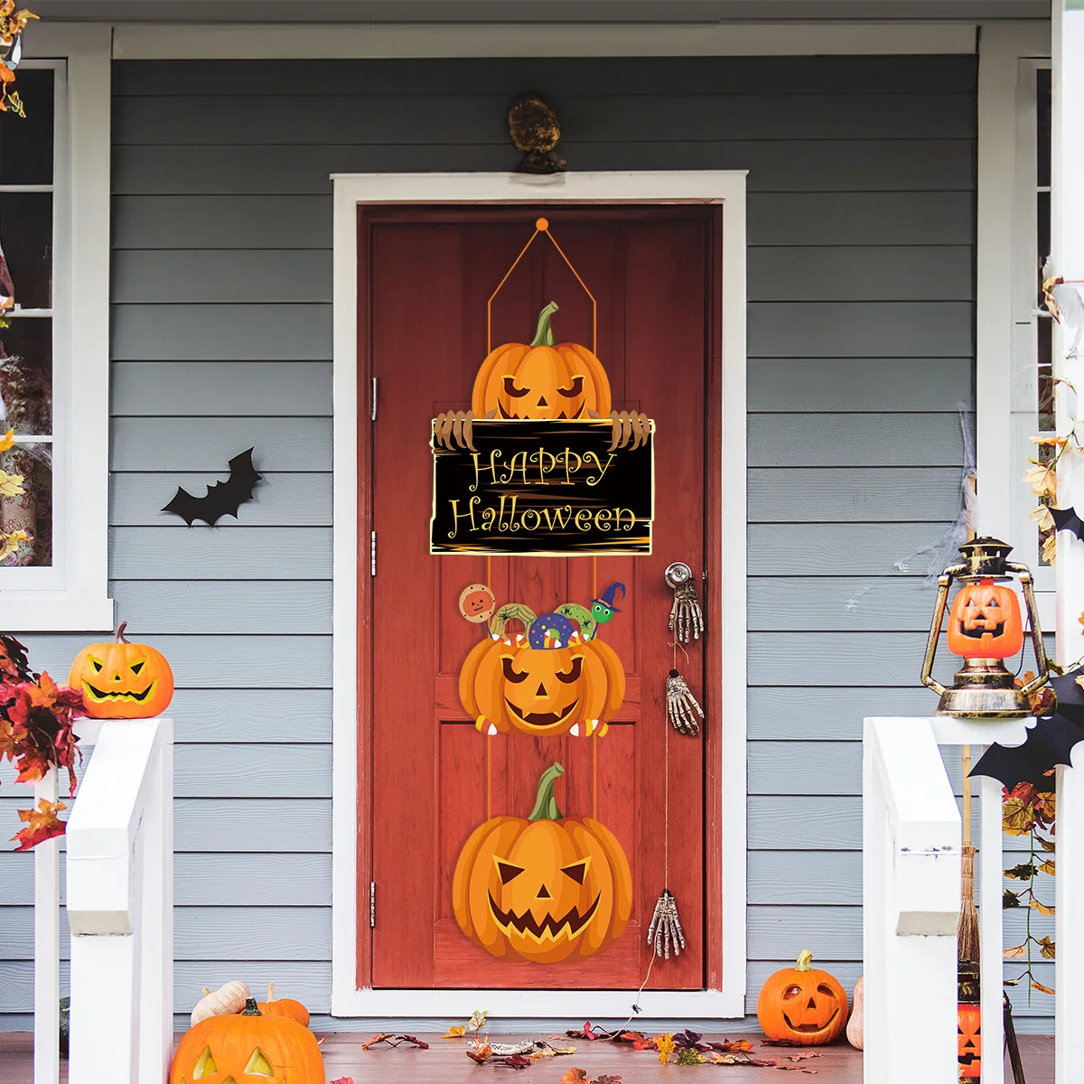 Halloween Front Door Decoration Sign Pumpkin Ghost Bat Skull Hanging Ornament Halloween Ghost Festival Party Decoration for Home