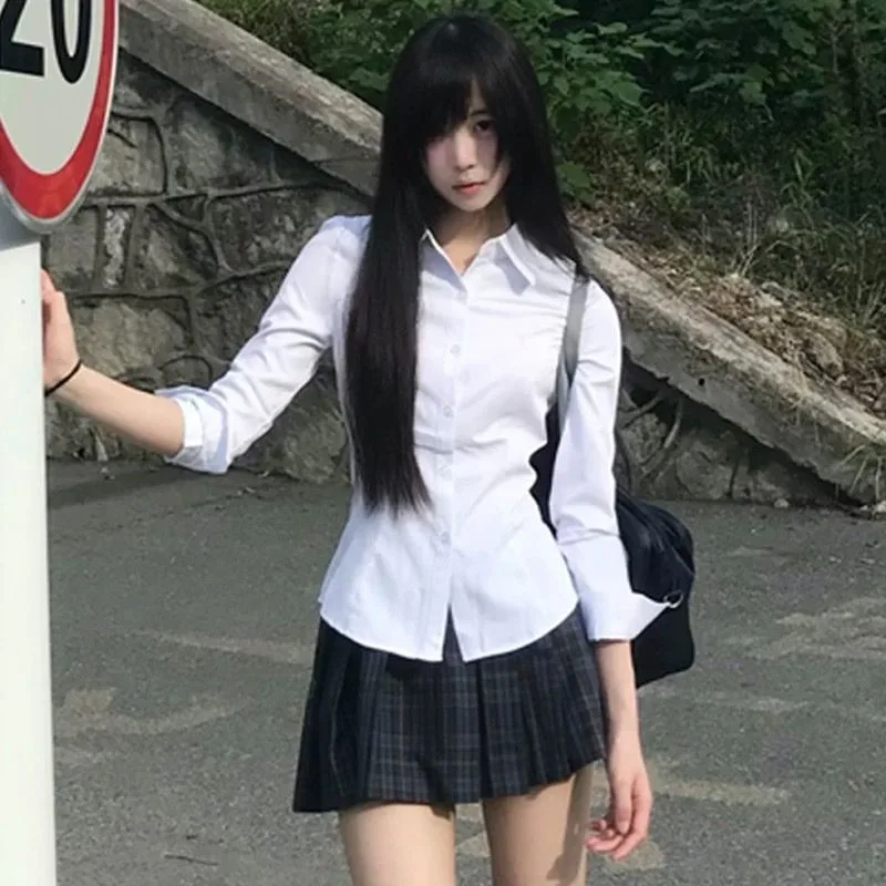 

Deeptown White Basic Preppy Women Shirts Long Sleeve Turn Down Collar Japanese Fashion Slim Blouses Jk Solid Color Aesthetic