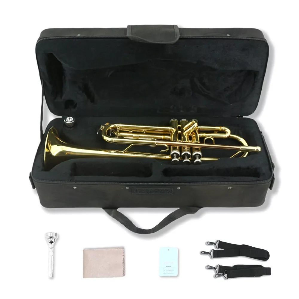 

Стандартная труба yinfente Golden Bb с футляром, мундштуком 7C и набором для чистки, черный футляр Nice Tone