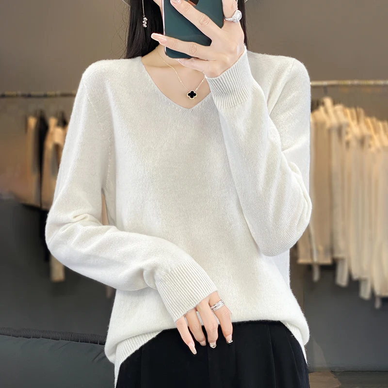 

2024 Loose Woolen Sweater New Pullover Base Long Sleeved Autumn And Winter Knitted Sweater Solid Color Versatile V-neck Women's