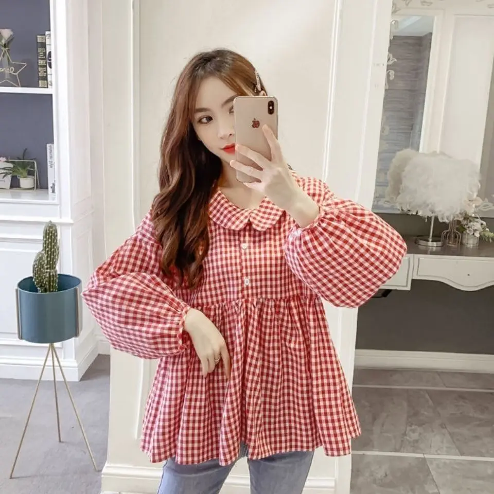 Pullovers Buttons Printing Plaid Office Lady Young Style Cute Fashion Loose Long Sleeve Sweet Women\'s Clothing O-neck Blouses