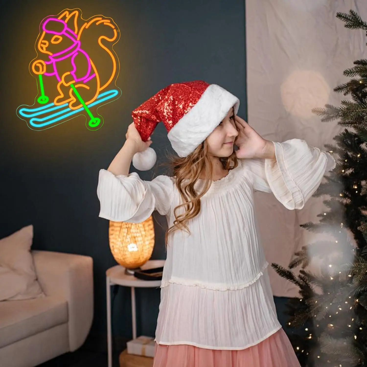Skiing Squirrel Neon Sign USB Dimmable LED Neon Light for Kids Bedroom Ski Shop Snow Skiing Club Winter Theme Neon Wall Art Gift