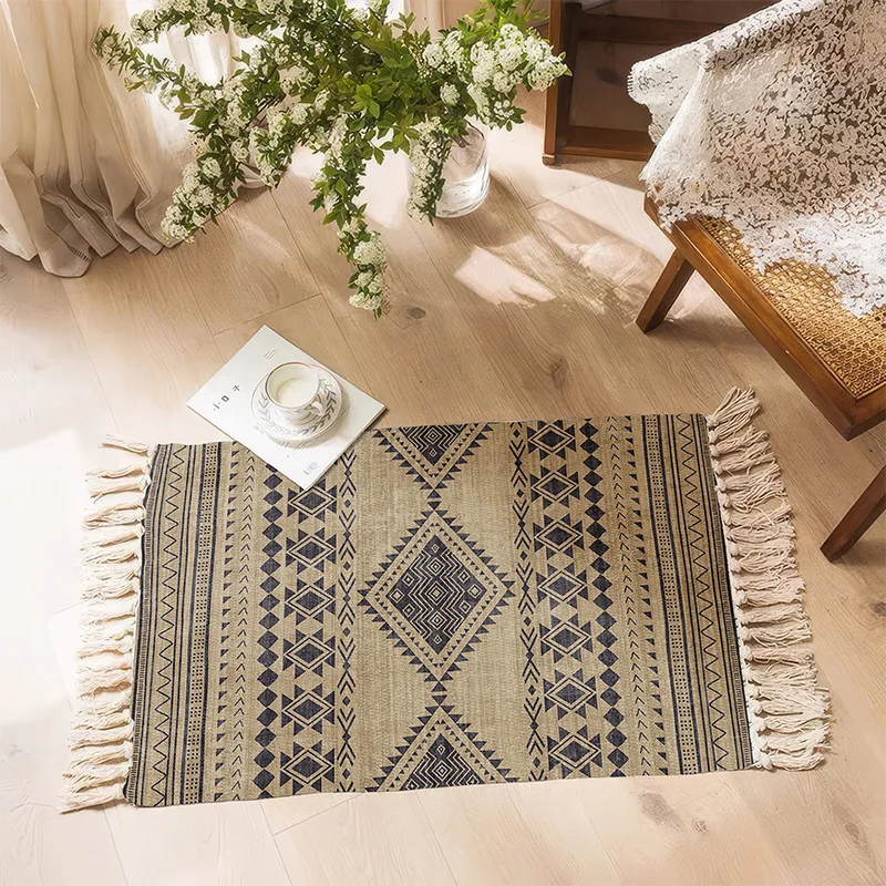 

Nordic Style Cotton Linen Woven Rug with Fringe Handmade for Living Room Bedroom