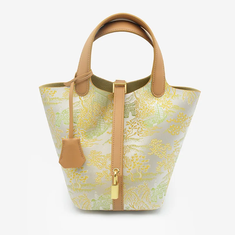 Women Vintage Chinese Style Leather Basket Bag Top Grain Cowhide Bucket Handbag Elegant Evening Party Tote Purse