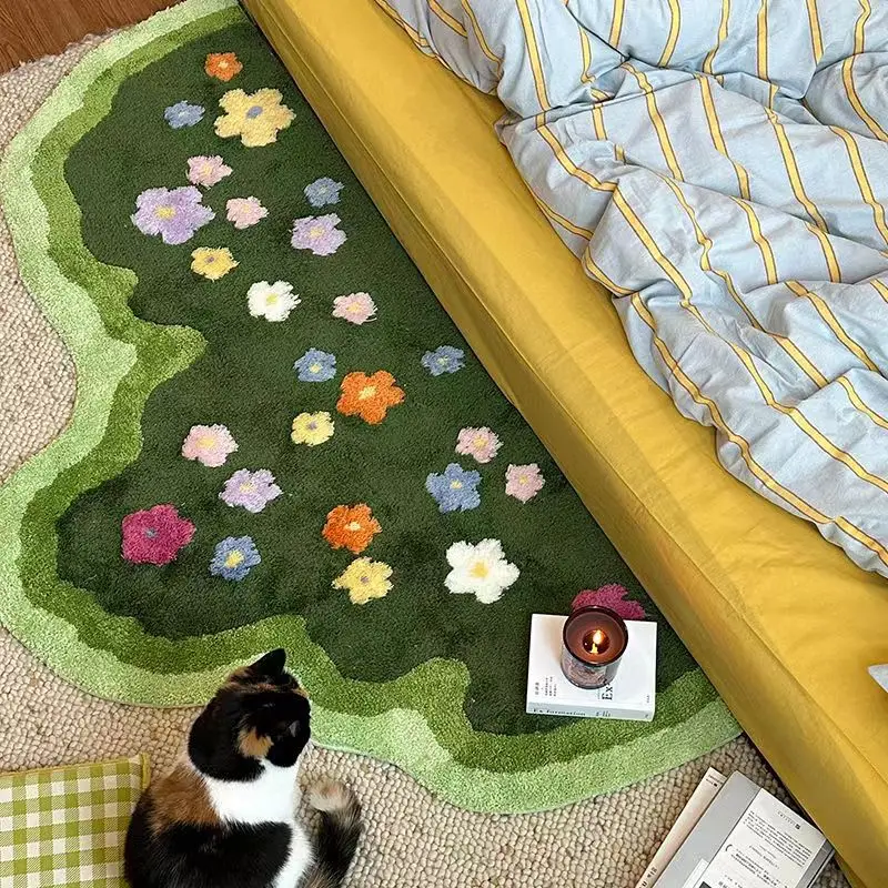 Soft Green Lawn and Flowers Bedroom Carpet Cute Children\'s Bedside Rug Kids Non-Slip Baby Playmats Floor Mat Living Room Mats