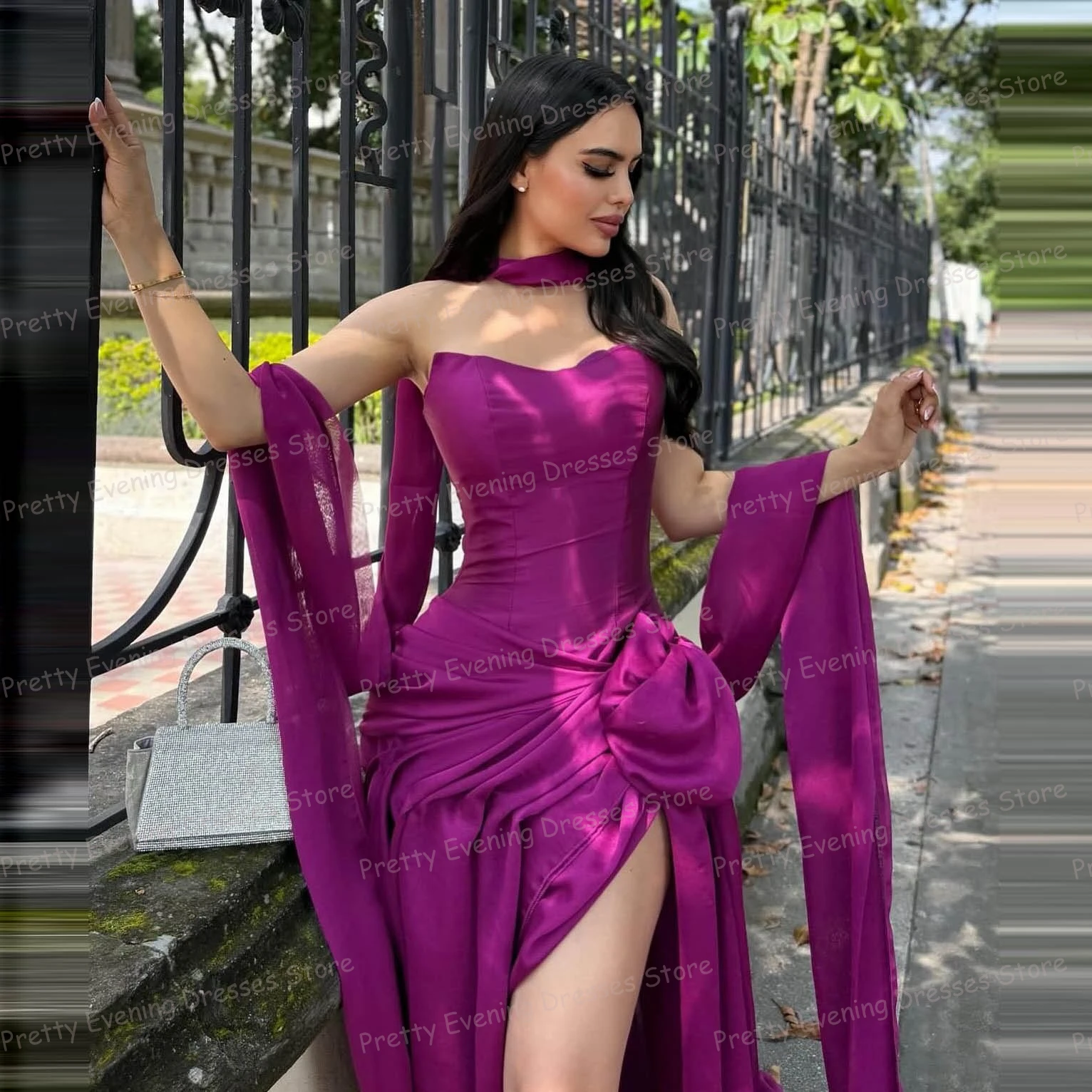 Gaun Malam Merah Muda Sederhana Gaun Prom Wiru Belah Tinggi Seksi Wanita Putri Duyung Gaun Pesta Mode Kustom Vestidos De Novia